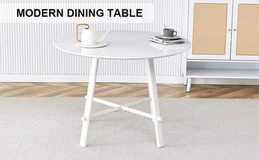 A modern minimalist circular dining table with a 42 inch diameter white patterned tabletop and white metal legs. Suitable for restaurants, living rooms, and conference rooms. Default -DTYStore