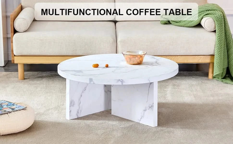 A white MDF material circular patterned coffee table, a 31.4-inch white center table, modern coffee table, suitable for small spaces and living rooms. Default -DTYStore