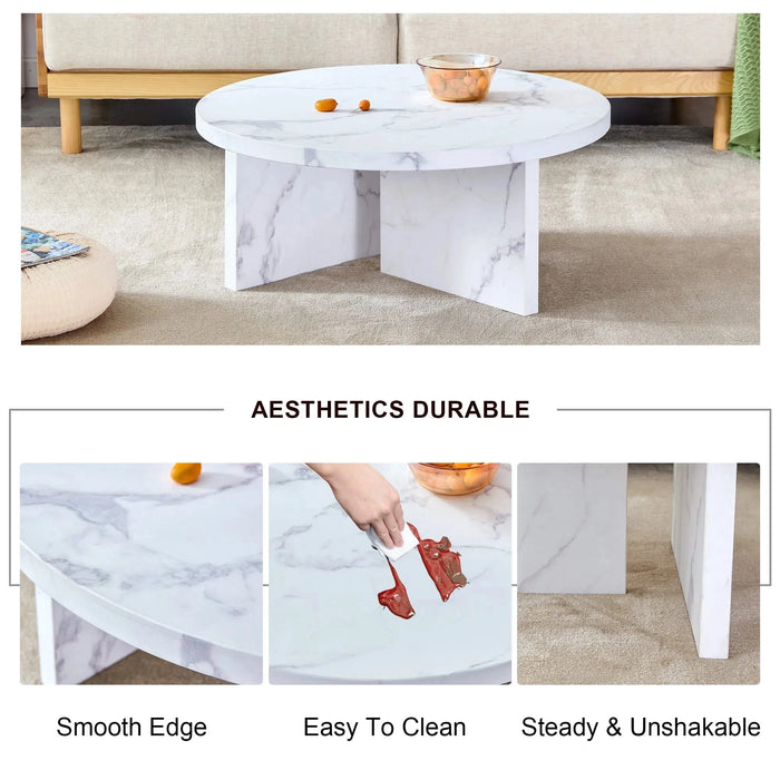 A white MDF material circular patterned coffee table, a 31.4-inch white center table, modern coffee table, suitable for small spaces and living rooms. Default -DTYStore