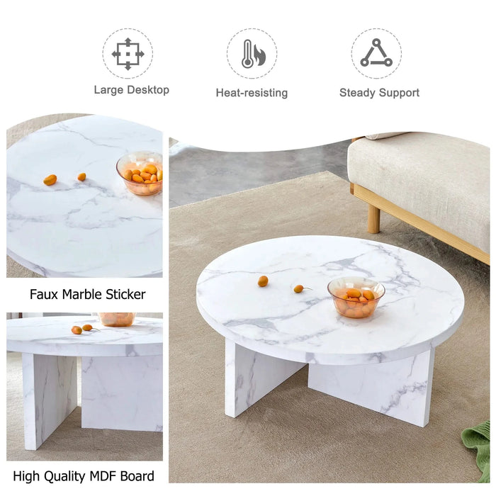 A white MDF material circular patterned coffee table, a 31.4-inch white center table, modern coffee table, suitable for small spaces and living rooms. Default -DTYStore