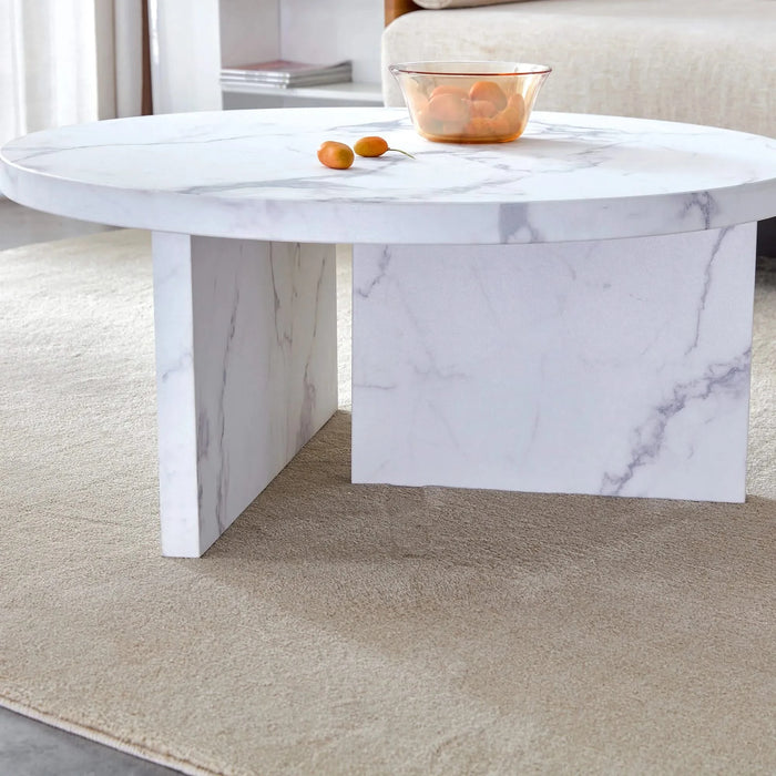 A white MDF material circular patterned coffee table, a 31.4-inch white center table, modern coffee table, suitable for small spaces and living rooms. Default -DTYStore