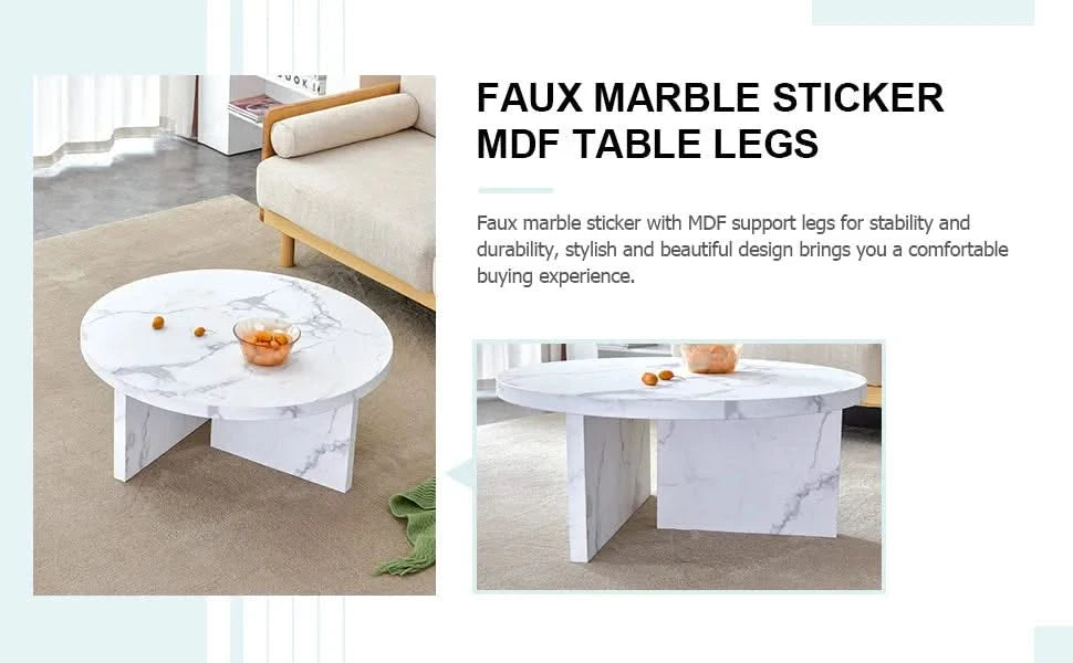 A white MDF material circular patterned coffee table, a 31.4-inch white center table, modern coffee table, suitable for small spaces and living rooms. Default -DTYStore