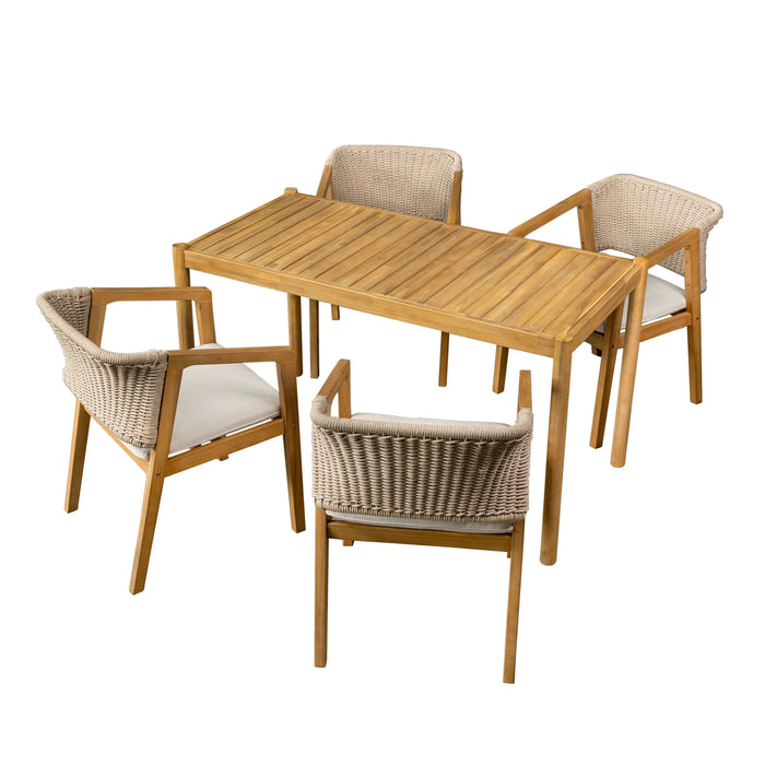 Acacia Wood Outdoor Dining Set of 5, Dining Furniture Set with 1 Table 4 Chairs, Teak and Beige Default -DTYStore