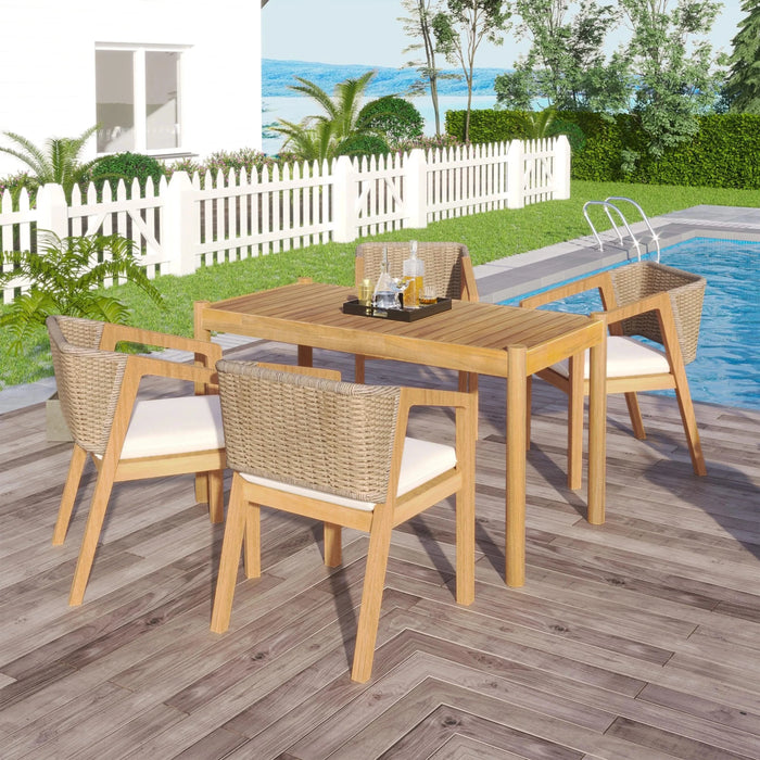 Acacia Wood Outdoor Dining Set of 5, Dining Furniture Set with 1 Table 4 Chairs, Teak and Beige Default -DTYStore