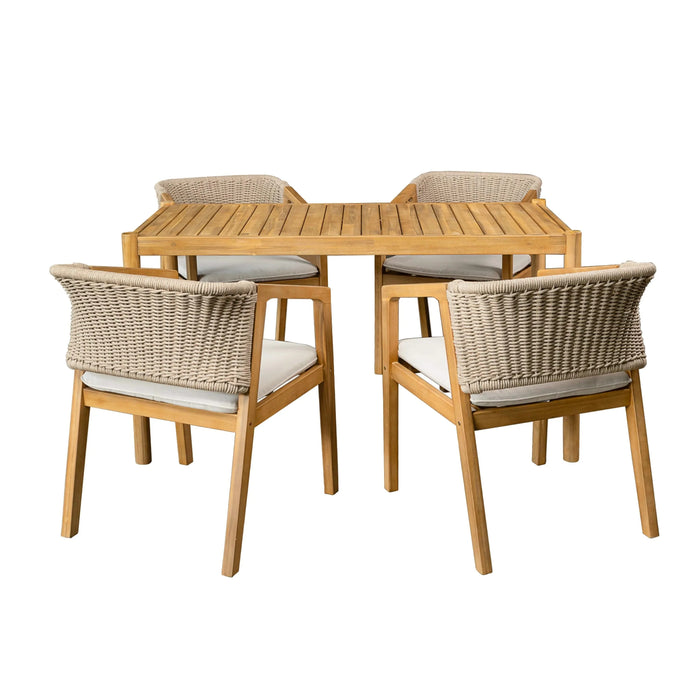 Acacia Wood Outdoor Dining Set of 5, Dining Furniture Set with 1 Table 4 Chairs, Teak and Beige Default -DTYStore