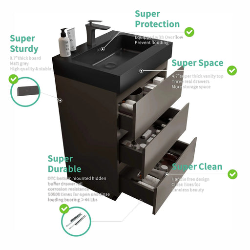 Alice 24' Gray Bathroom Vanity with Large Storage and Black Sink Basin, Modern Freestanding Design Default -DTYStore