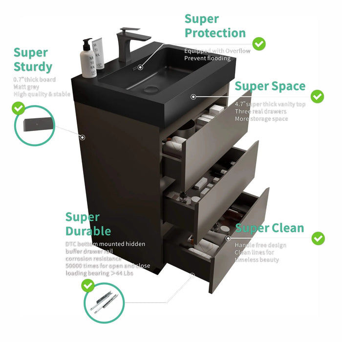 Alice 24' Gray Bathroom Vanity with Large Storage and Black Sink Basin, Modern Freestanding Design Default -DTYStore