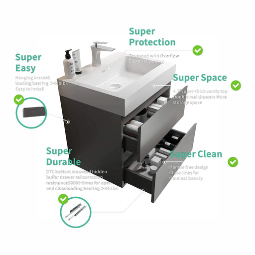 Alice 24' Gray Bathroom Vanity with Sink, Large Storage Wall Mounted Floating Bathroom Vanity for Modern Bathroom, One-Piece White Sink Basin without Drain and Faucet, Pre-assembled Default -DTYStore