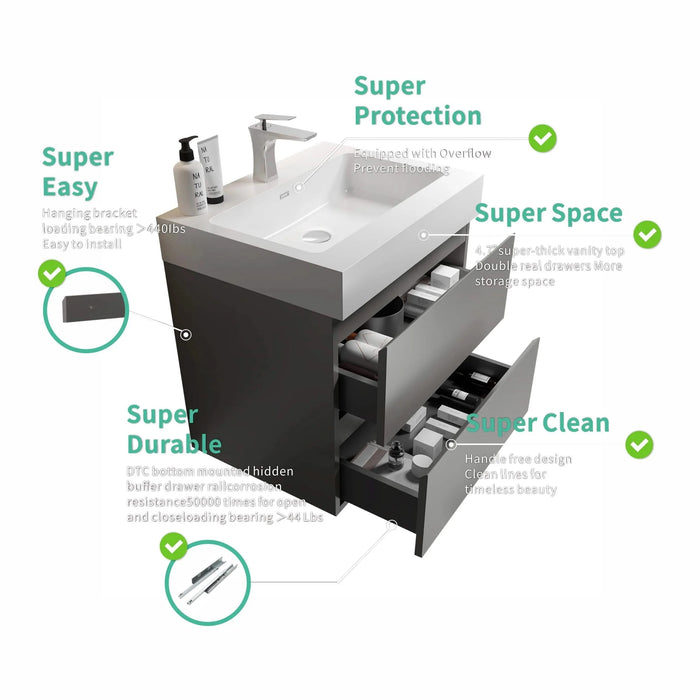 Alice 24' Gray Bathroom Vanity with Sink, Large Storage Wall Mounted Floating Bathroom Vanity for Modern Bathroom, One-Piece White Sink Basin without Drain and Faucet, Pre-assembled Default -DTYStore