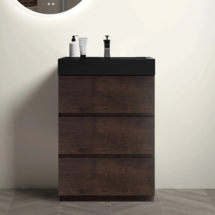 Alice 24' Walnut Bathroom Vanity with Black Sink Basin, Large Storage, Freestanding, Pre-assembled Default -DTYStore