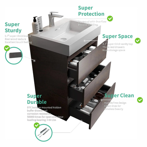 Alice 24' Walnut Bathroom Vanity with Sink, Large Storage, Freestanding Design, Rosewood Finish, 24-Inch Default -DTYStore