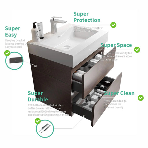 Alice 24' Walnut Bathroom Vanity with Sink, Large Storage Wall Mounted Floating Bathroom Vanity for Modern Bathroom, One-Piece White Sink Basin without Drain and Faucet, Pre-assembled Default -DTYStore