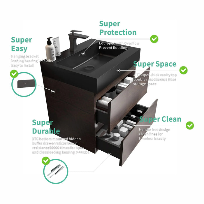 Alice 24' Walnut Bathroom Vanity with Sink, Large Storage Wall Mounted, Rosewood Finish, Melamine, 24' Default -DTYStore