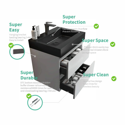 Alice 24' White Bathroom Vanity with Large Storage, Wall Mounted Floating Design, Matte Black Basin, Pre-assembled Default -DTYStore