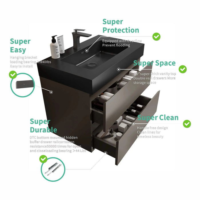 Alice 30' Gray Bathroom Vanity with Black Sink Basin, Large Storage, Wall Mounted, Pre-assembled Default -DTYStore