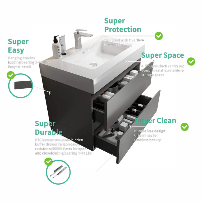 Alice 30' Gray Bathroom Vanity with Sink, Large Storage Wall Mounted Floating Bathroom Vanity for Modern Bathroom, One-Piece White Sink Basin without Drain and Faucet, Pre-assembled Default -DTYStore