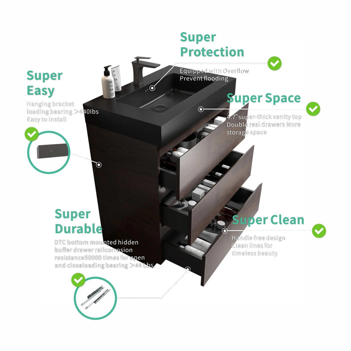 Alice 30' Walnut Bathroom Vanity with Black Sink, Large Storage, Freestanding, Pre-assembled Default -DTYStore