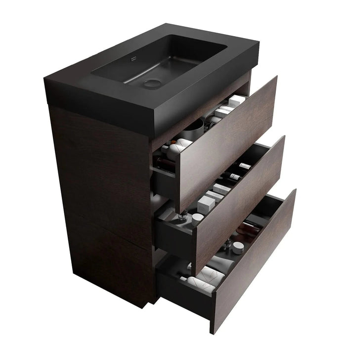 Alice 30' Walnut Bathroom Vanity with Black Sink, Large Storage, Freestanding, Pre-assembled Default -DTYStore