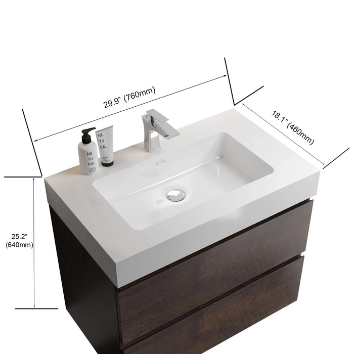 Alice 30' Walnut Bathroom Vanity with Sink, Large Storage Wall Mounted Floating Bathroom Vanity for Modern Bathroom, One-Piece White Sink Basin without Drain and Faucet, Pre-assembled Default -DTYStore