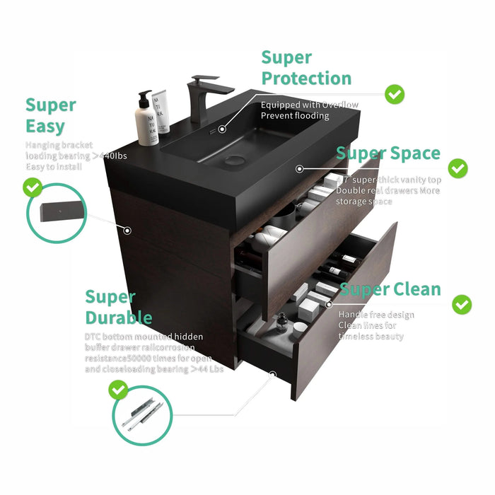 Alice 30' Walnut Bathroom Vanity with Sink, Large Storage Wall Mounted Floating Vanity, Black Basin, Pre-assembled Default -DTYStore