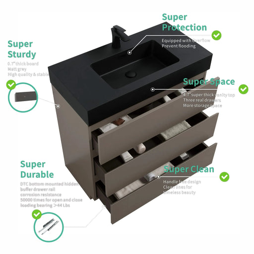 Alice 36' Gray Bathroom Vanity with Sink, Large Storage Freestanding Bathroom Vanity for Modern Bathroom, One-Piece Black Sink Basin without Drain and Faucet, Pre-assembled Default -DTYStore