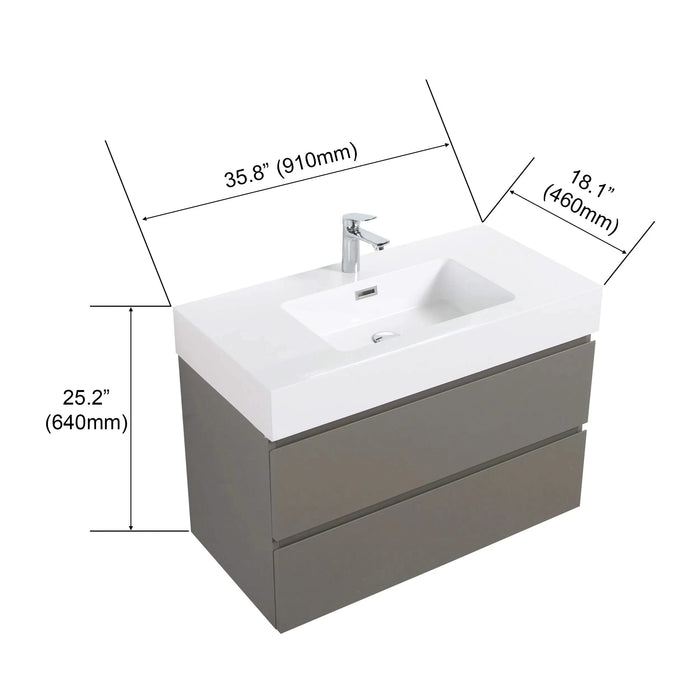 Alice 36' Gray Bathroom Vanity with Sink, Large Storage Wall Mounted Floating Bathroom Vanity for Modern Bathroom, One-Piece White Sink Basin without Drain and Faucet, Pre-assembled Default -DTYStore