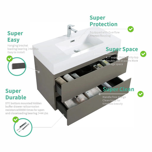 Alice 36' Gray Bathroom Vanity with Sink, Large Storage Wall Mounted Floating Bathroom Vanity for Modern Bathroom, One-Piece White Sink Basin without Drain and Faucet, Pre-assembled Default -DTYStore