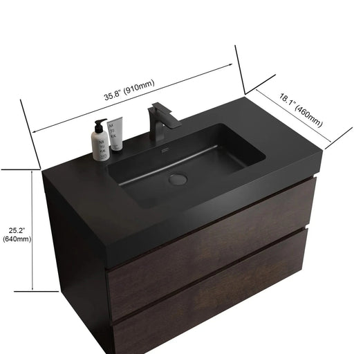Alice 36' Walnut Bathroom Vanity with Black Sink Basin, Wall Mounted Floating Design, Pre-assembled Default -DTYStore