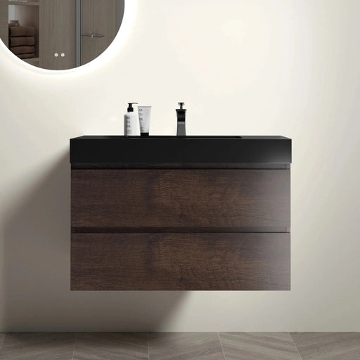 Alice 36' Walnut Bathroom Vanity with Black Sink Basin, Wall Mounted Floating Design, Pre-assembled Default -DTYStore