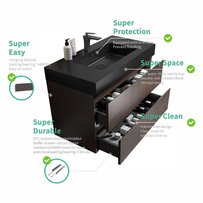 Alice 36' Walnut Bathroom Vanity with Black Sink Basin, Wall Mounted Floating Design, Pre-assembled Default -DTYStore