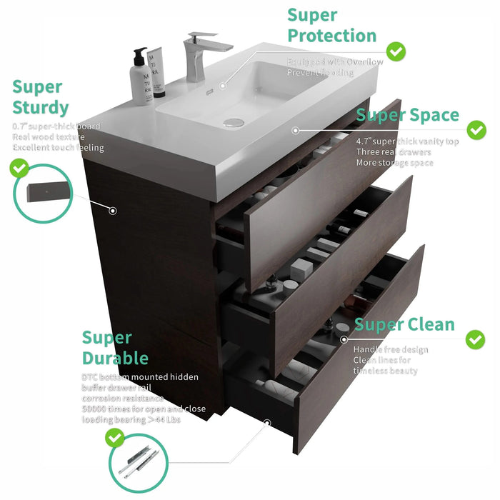 Alice 36' Walnut Bathroom Vanity with Large Storage and One-Piece White Sink Basin, Rosewood Finish Default -DTYStore