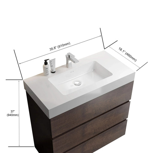 Alice 36' Walnut Bathroom Vanity with Large Storage and One-Piece White Sink Basin, Rosewood Finish Default -DTYStore