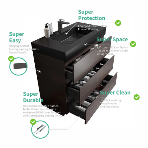 Alice 36' Walnut Bathroom Vanity with Sink, Large Storage, Black Basin, Modern Freestanding Design Default -DTYStore