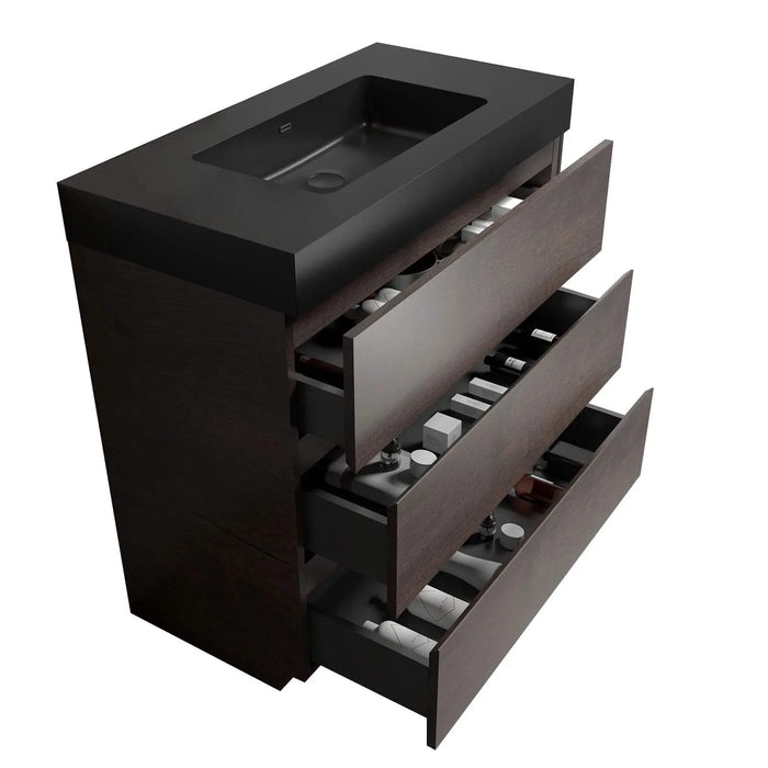 Alice 36' Walnut Bathroom Vanity with Sink, Large Storage, Black Basin, Modern Freestanding Design Default -DTYStore