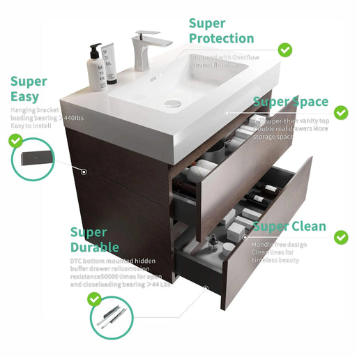 Alice 36' Walnut Bathroom Vanity with Sink, Large Storage Wall Mounted Floating Bathroom Vanity for Modern Bathroom, One-Piece White Sink Basin without Drain and Faucet, Pre-assembled Default -DTYStore