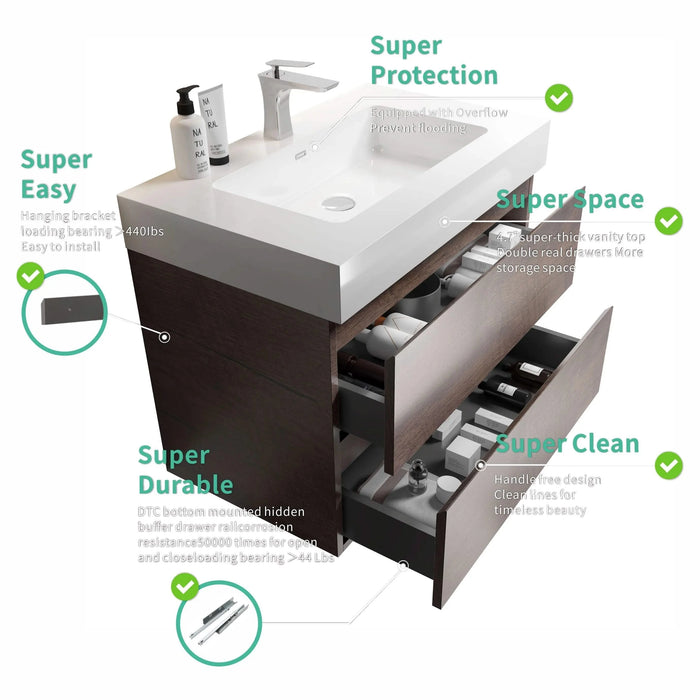 Alice 36' Walnut Bathroom Vanity with Sink, Large Storage Wall Mounted Floating Bathroom Vanity for Modern Bathroom, One-Piece White Sink Basin without Drain and Faucet, Pre-assembled Default -DTYStore