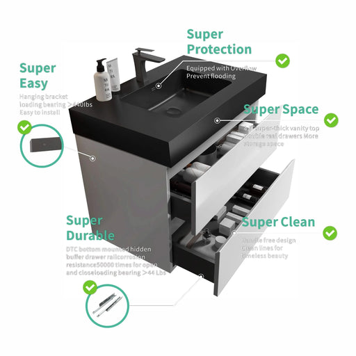 Alice 36' White Bathroom Vanity with Sink, Large Storage Wall Mounted Floating Bathroom Vanity for Modern Bathroom, One-Piece Black Sink Basin without Drain and Faucet, Pre-assembled Default -DTYStore