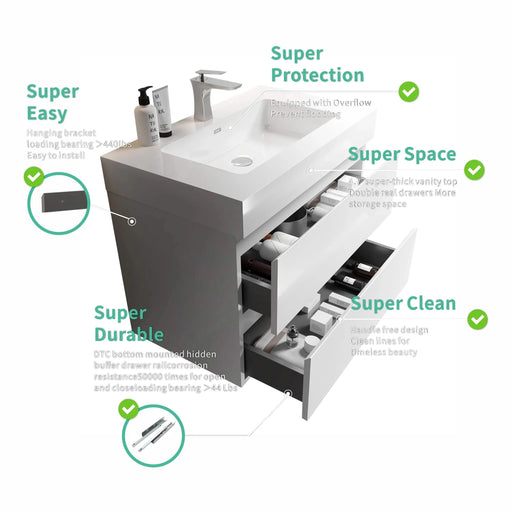 Alice 36' White Bathroom Vanity with Sink, Large Storage Wall Mounted Floating Bathroom Vanity for Modern Bathroom, One-Piece White Sink Basin without Drain and Faucet, Pre-assembled Default -DTYStore