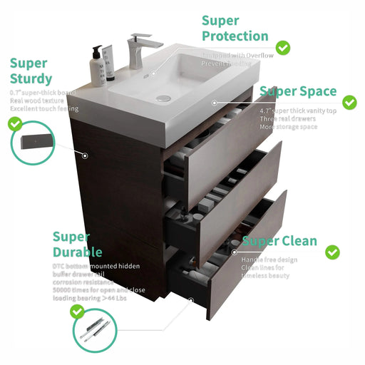 Alice Walnut Bathroom Vanity with Large Storage, White Sink Basin, Freestanding, Pre-assembled Default -DTYStore