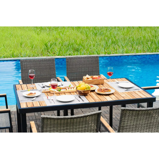 All Weather 7-Piece Patio Dining Table Set with Umbrella Hole, Brown Gray Rattan and Acacia Wood Default -DTYStore