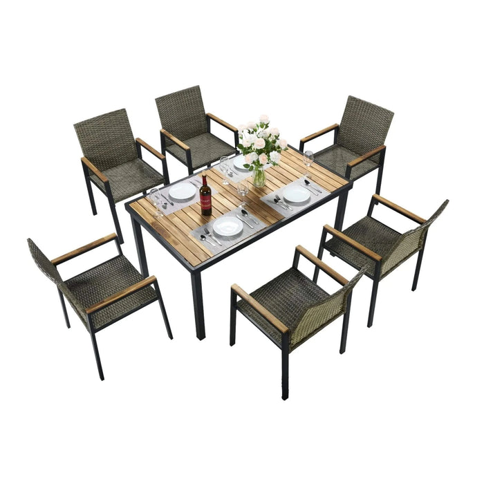 All Weather 7-Piece Patio Dining Table Set with Umbrella Hole, Brown Gray Rattan and Acacia Wood Default -DTYStore