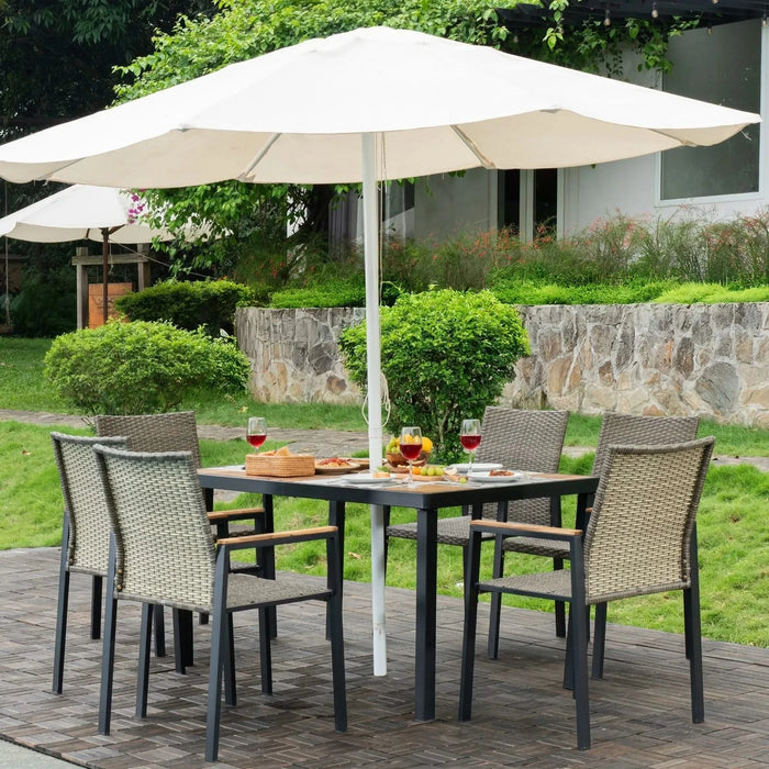 All Weather 7-Piece Patio Dining Table Set with Umbrella Hole, Brown Gray Rattan and Acacia Wood Default -DTYStore