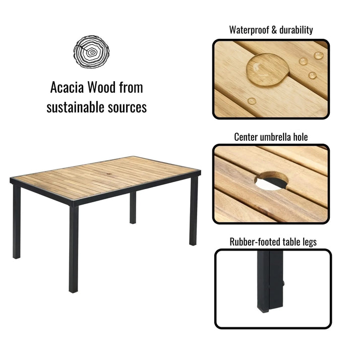 All Weather 7-Piece Patio Dining Table Set with Umbrella Hole, Brown Gray Rattan and Acacia Wood Default -DTYStore