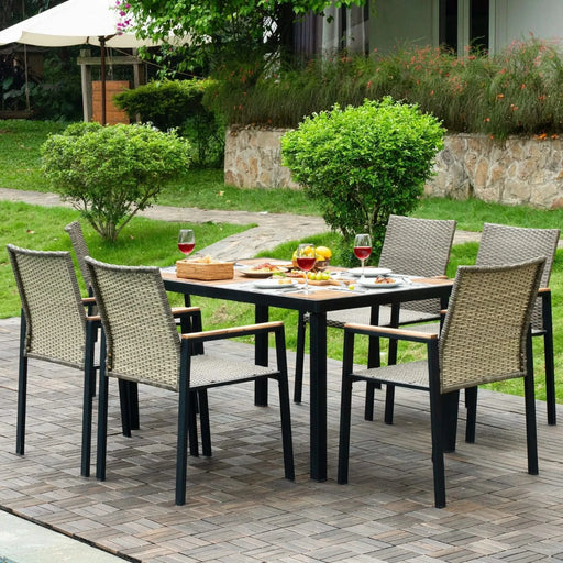 All Weather 7-Piece Patio Dining Table Set with Umbrella Hole, Brown Gray Rattan and Acacia Wood Default -DTYStore