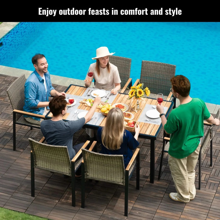 All Weather 7-Piece Patio Dining Table Set with Umbrella Hole, Brown Gray Rattan and Acacia Wood Default -DTYStore