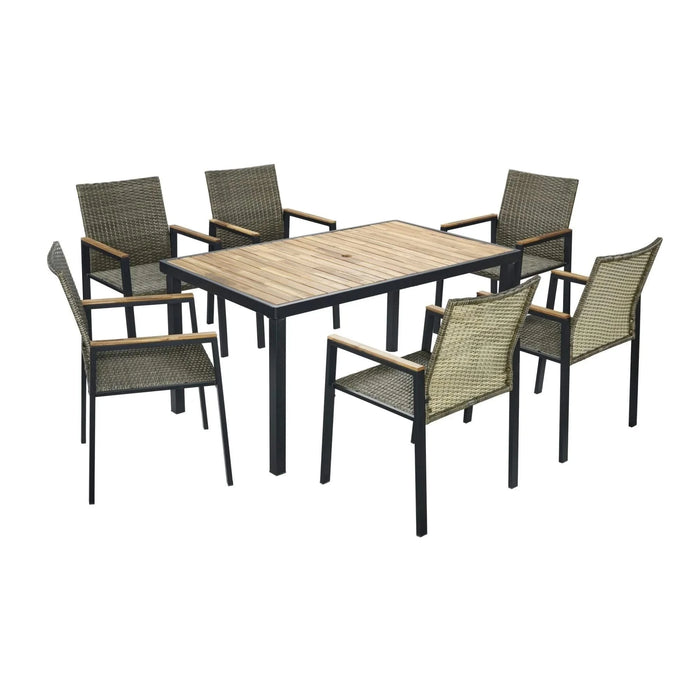 All Weather 7-Piece Patio Dining Table Set with Umbrella Hole, Brown Gray Rattan and Acacia Wood Default -DTYStore