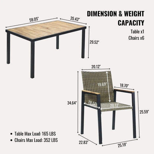 All Weather 7-Piece Patio Dining Table Set with Umbrella Hole, Brown Gray Rattan and Acacia Wood Default -DTYStore