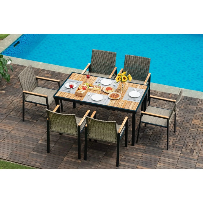 All Weather 7-Piece Patio Dining Table Set with Umbrella Hole, Brown Gray Rattan and Acacia Wood Default -DTYStore