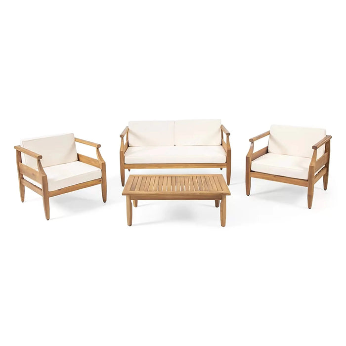 Alluvion Teak 4-Piece Wood Outdoor Patio Conversation Set with Cream Cushions Default -DTYStore