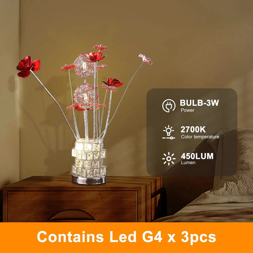 Aluminum 4 Red Roses 6 Petal Floral 2 Red/Silver Flower Bud On A 4 Squared Modern Hexagona Chrome Vase Table Lamp for Living Room, Nightstand Bedside Table Lamp for Bedroom, LED Lamp Default -DTYStore